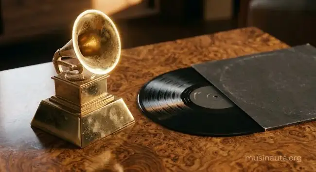 Trofeo dorado en forma de gramófono junto a un disco de vinilo sobre una mesa de madera oscura