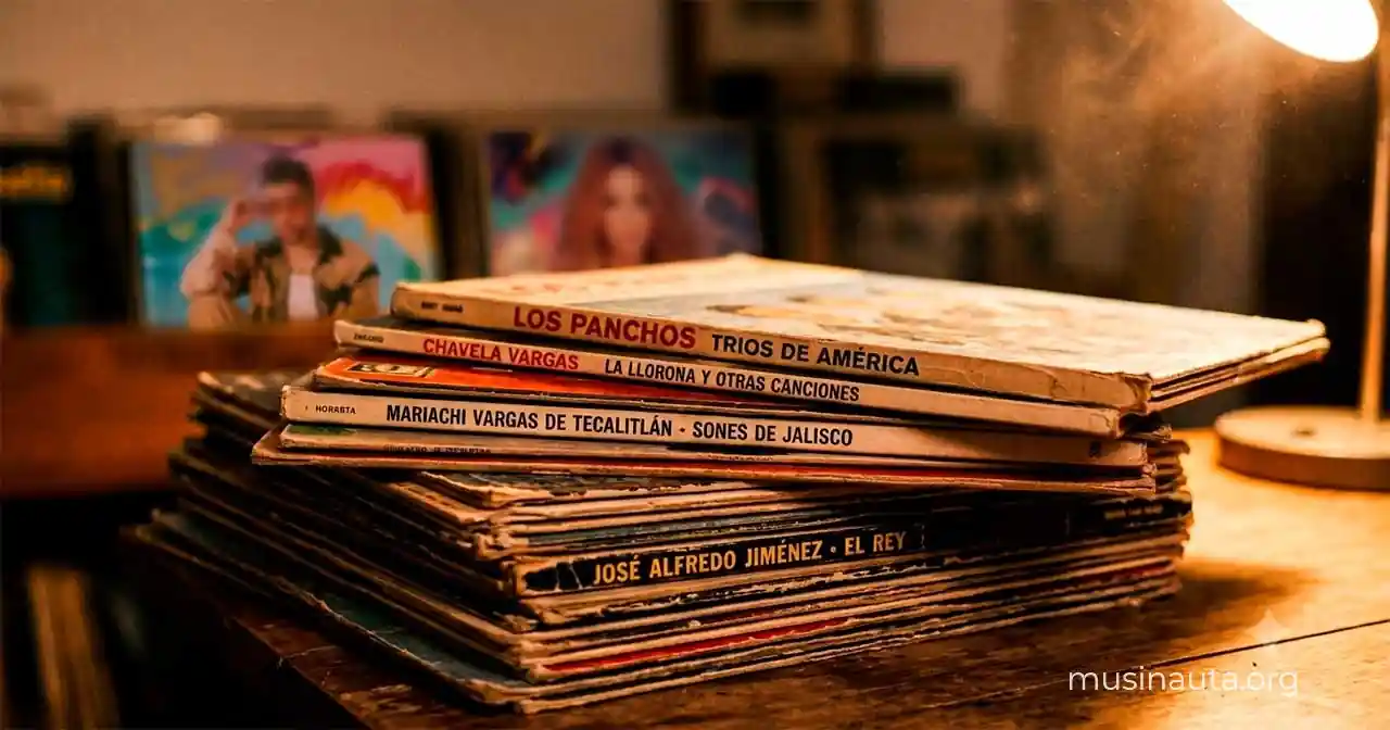 Pila de discos de vinilo de distintas décadas de música latina sobre una mesa de madera