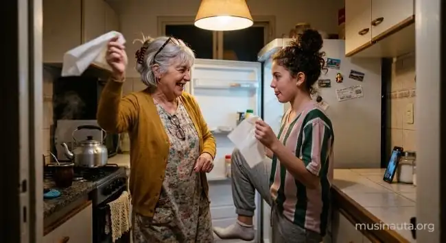 Abuela y nieta adolescente bailan una zamba con servilletas en la cocina mientras un celular las graba
