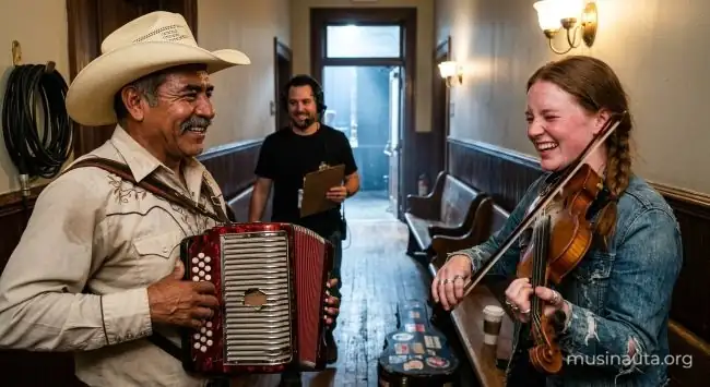 Acordeonista norteño y violinista de country ríen mientras ensayan juntos en el pasillo de un teatro antiguo