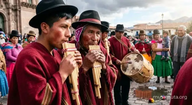 Un anciano y un joven tocan en pareja las dos mitades de una zampoña dentro de una tropa de sikuris con bombos