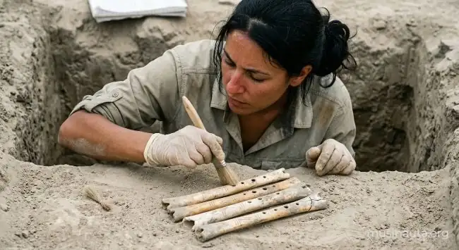 Arqueóloga limpiando con pincel un conjunto de flautas de hueso alineadas sobre arena en una excavación