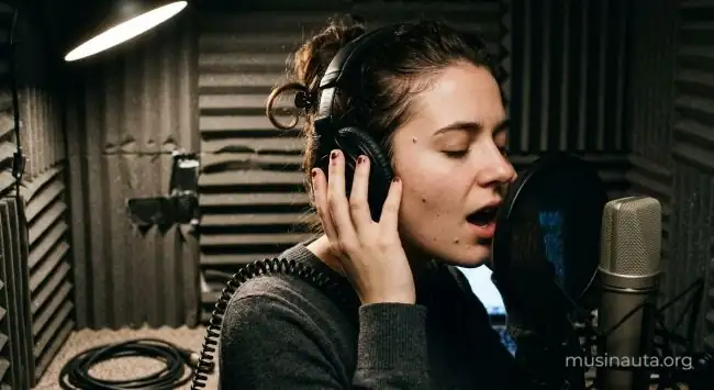 Cantante grabando una toma de voz frente al micrófono en una cabina de estudio