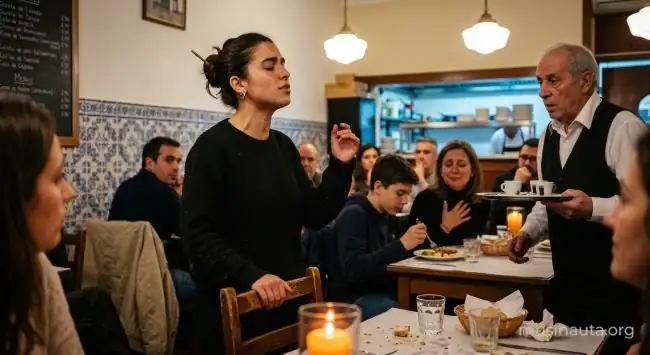 Joven canta de pie entre las mesas de un pequeño restaurante mientras los comensales se giran a escucharla
