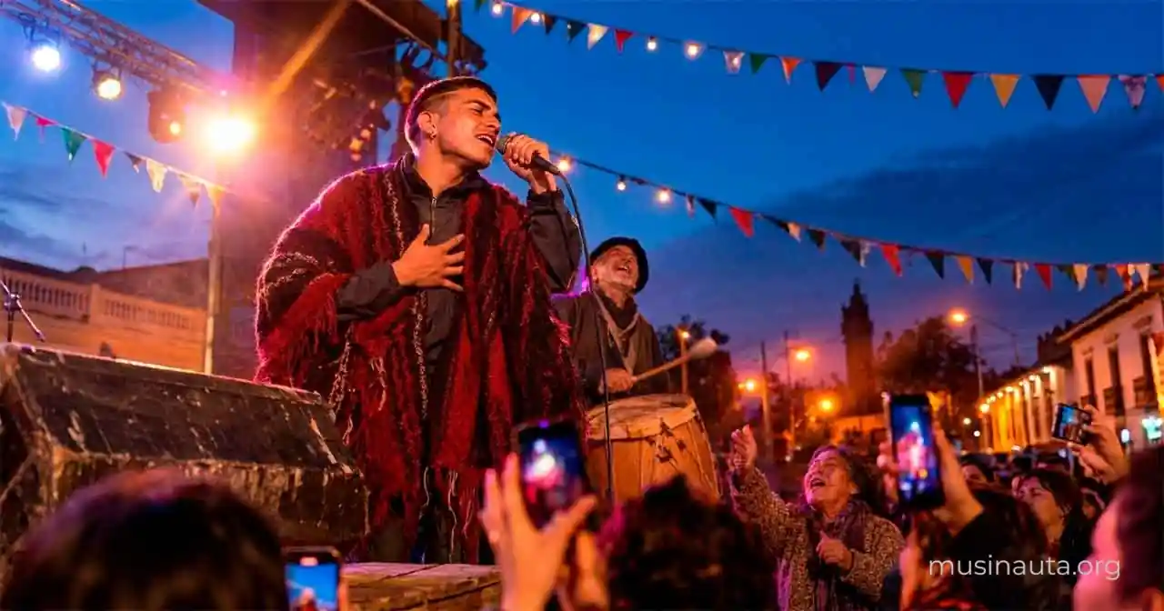 Cantante joven con poncho canta con los ojos cerrados en una plaza mientras un bombisto mayor ríe a sus espaldas