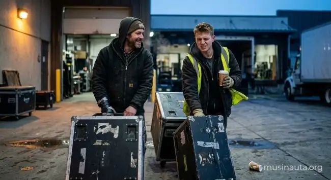 Equipo de producción de una gira empujando baúles de equipo en una zona de carga al amanecer