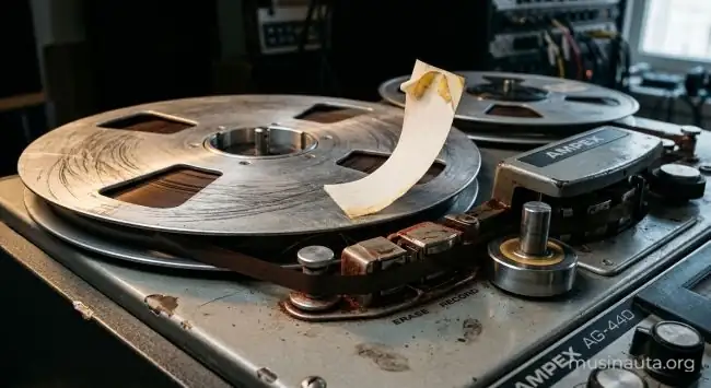 Bobina de cinta magnética de estudio montada en una grabadora analógica con etiquetas de papel despegadas