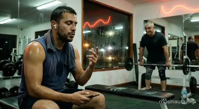 Hombre con auriculares repite una frase en voz baja en un gimnasio mientras un compañero lo mira divertido