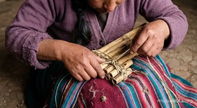 Manos de una mujer andina atando con cordel los tubos de caña de una zampoña sobre una manta tejida