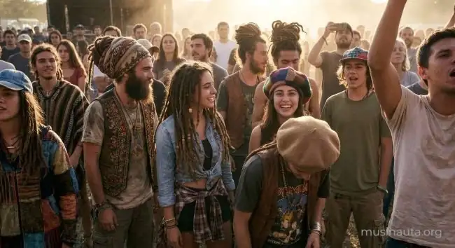 Joven cantando con los ojos cerrados y los brazos en alto entre el público de un concierto al aire libre durante el atardecer