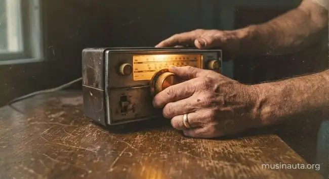 Manos ajustando el dial iluminado de una radio de onda corta antigua en una habitación en penumbra