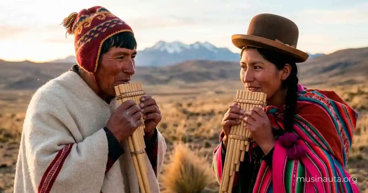 Dos músicos de sikuri se miran frente a frente mientras tocan sus zampoñas en la meseta andina al atardecer