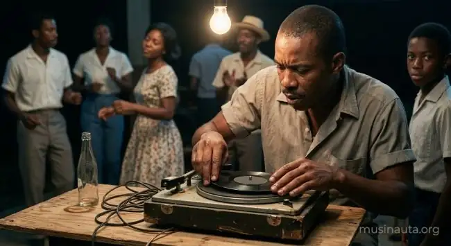 Operador de sound system colocando un disco de vinilo con expresión concentrada mientras varias personas bailan detrás en una fiesta callejera nocturna