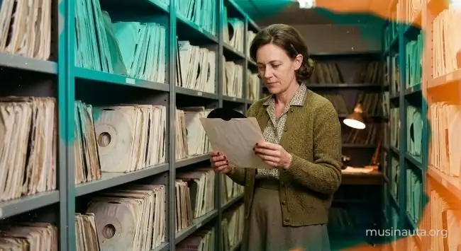 Programadora de radio revisando discos sencillos en la estantería de archivo de una emisora