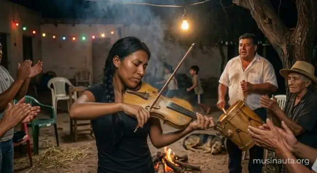 Joven toca un violín del monte con los ojos cerrados rodeada de gente que aplaude en un patio de noche