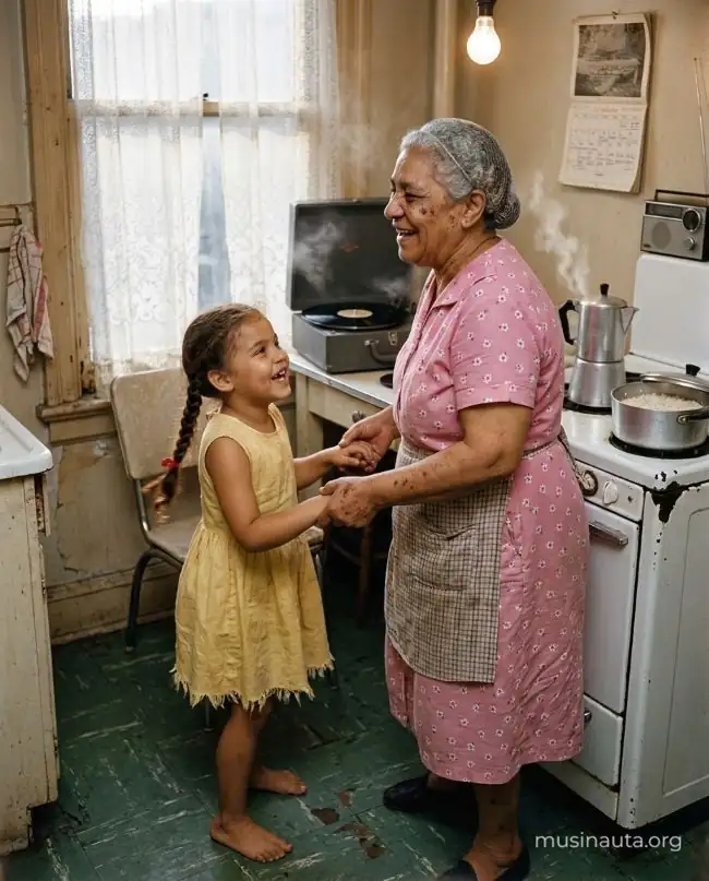 Una abuela y su nieta bailan junto a un tocadiscos en la cocina de un apartamento puertorriqueño del Bronx