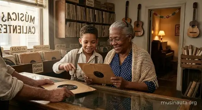 Abuela y nieto puertorriqueños revisan discos de 78 revoluciones en una tienda de música de East Harlem