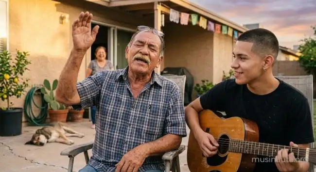 Un abuelo canta con los ojos cerrados mientras su nieto lo acompaña con la guitarra en un patio de Arizona