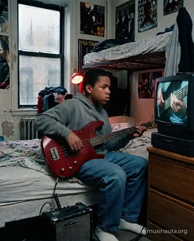 Adolescente practica el bajo eléctrico frente a un televisor de tubo con un video de clases en su habitación del Bronx