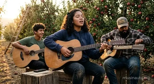 Adolescente de origen mexicano canta con una guitarra sentada sobre una caja de fruta en un huerto de manzanos