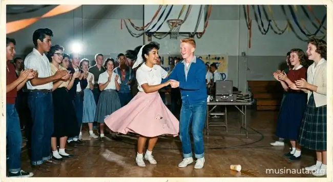 Adolescentes bailan rock and roll en el gimnasio de una escuela secundaria de California en 1958