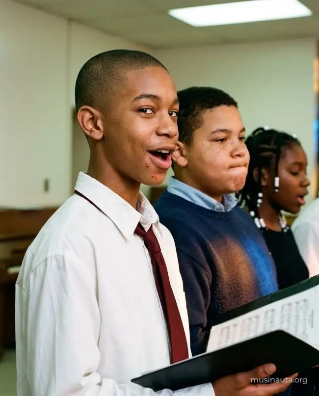 Tres adolescentes cantan en fila durante el ensayo de un coro juvenil en el salón de una parroquia del Bronx