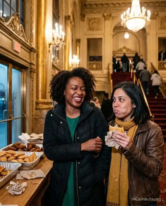 Dos amigas ríen mientras compran pastelitos en el vestíbulo dorado de un teatro antiguo antes de un concierto de bachata