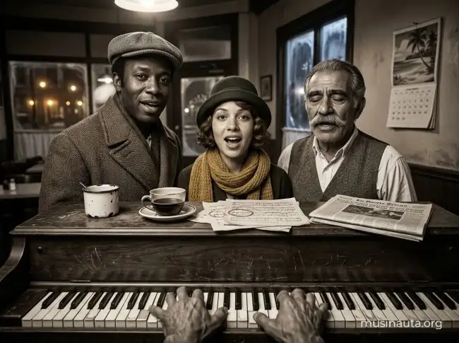 Amigos puertorriqueños cantan junto a un viejo piano vertical en un restaurante de Harlem una noche de invierno
