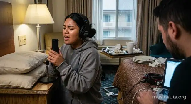 Cantante con audífonos graba su voz con los ojos cerrados en una habitación de hotel rodeada de cojines