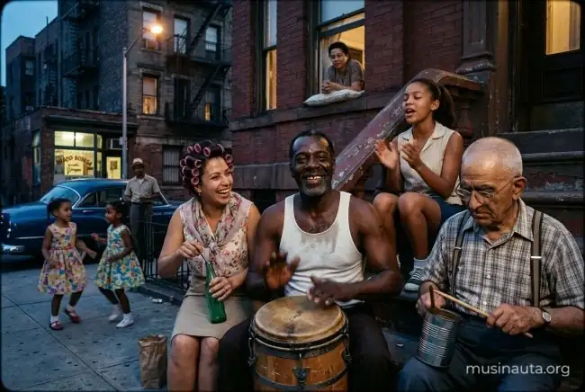 Vecinos improvisan ritmos con una conga, botellas de vidrio y latas en la escalinata de un edificio del Bronx