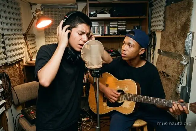 Dos adolescentes graban una bachata en un estudio casero: uno canta con los ojos cerrados y el otro toca la guitarra