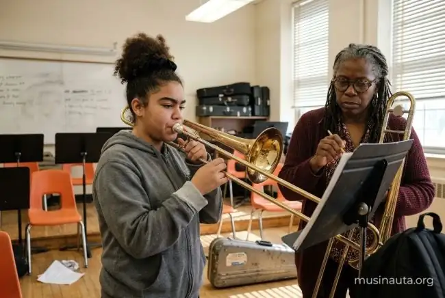 Una estudiante adolescente practica trombón junto a su profesora en el aula de música de una escuela de Nueva York