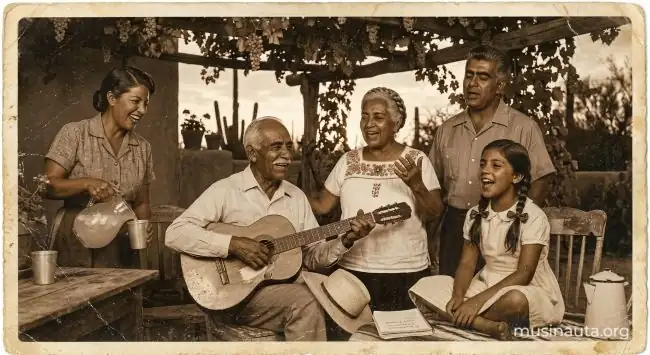 Familia de ascendencia mexicana canta con guitarra bajo un parral en el patio de una casa de Tucson al atardecer