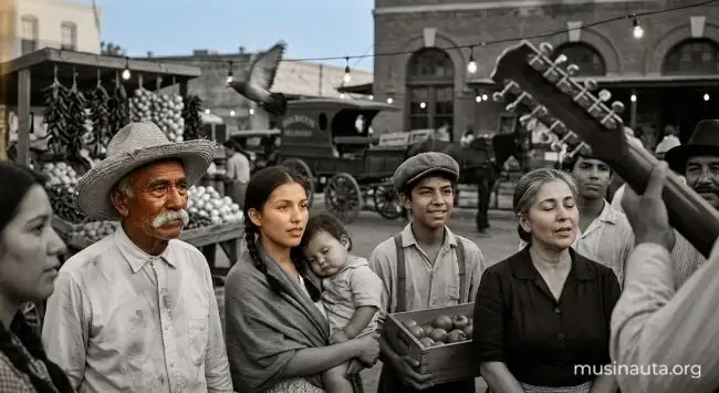 Familias de ascendencia mexicana escuchan música al aire libre en una plaza de mercado de San Antonio al atardecer