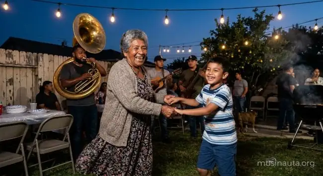 Una abuela baila con su nieto mientras una banda joven toca en una fiesta de patio trasero al anochecer