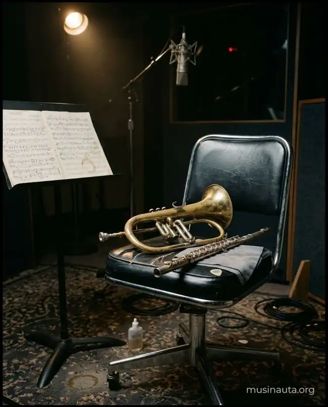 Un fliscorno y una flauta descansan sobre una silla junto a un atril en un estudio de grabación casi vacío