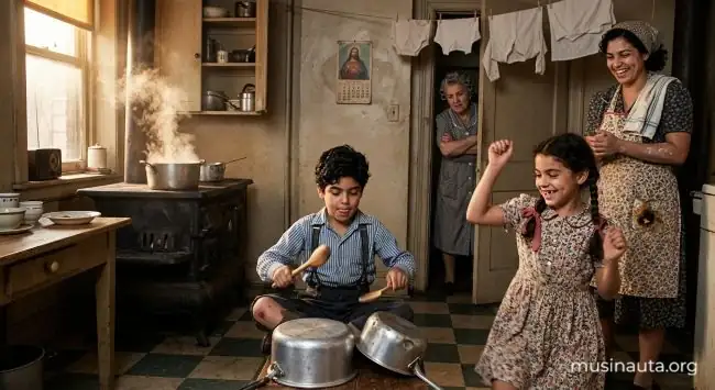 Dos hermanos puertorriqueños hacen música con cacerolas y cucharas en una cocina de Spanish Harlem en los años treinta