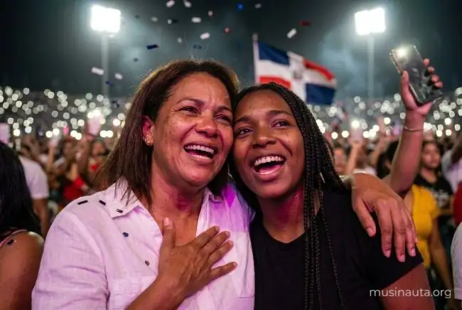 Madre e hija cantan abrazadas entre el público de un concierto nocturno en un estadio de Santo Domingo