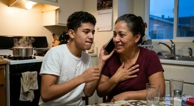 Una madre escucha emocionada en la cocina la grabación que le muestra su hijo adolescente desde el teléfono