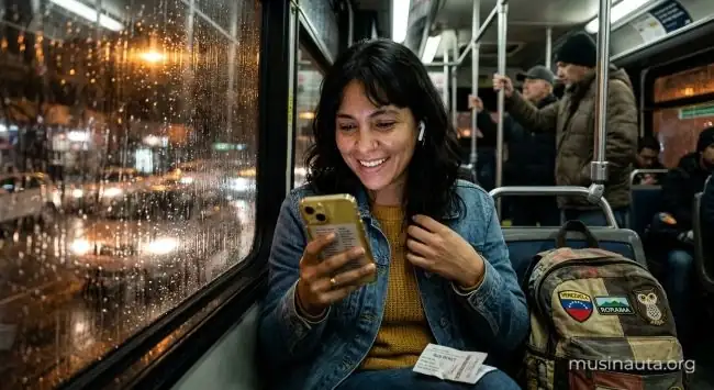 Mujer sonríe en un autobús nocturno mientras revisa en su teléfono los compositores de la canción que escucha