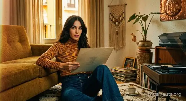 Mujer joven lee con atención los créditos en la contraportada de un disco de vinilo en un salón de los años setenta