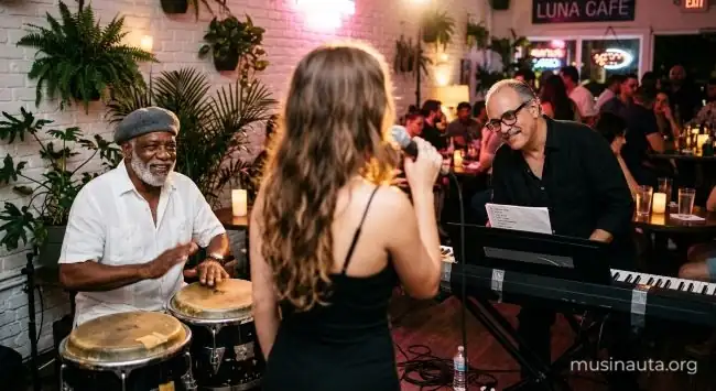 Percusionista y pianista veteranos sonríen mientras acompañan a una joven cantante en un pequeño bar de Miami