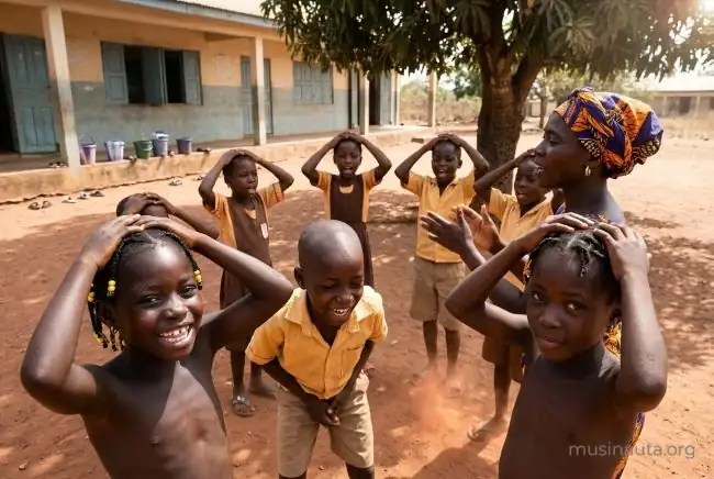 Niñas y niños de Ghana cantan y se tocan la cabeza en un juego de canto en el patio de tierra de una escuela