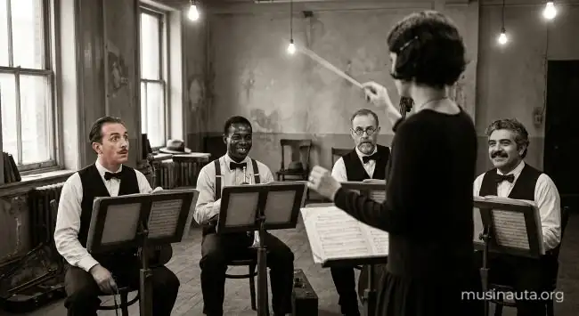 Músicos de una orquesta de los años veinte en Nueva York miran atentos a la directora que les marca la entrada