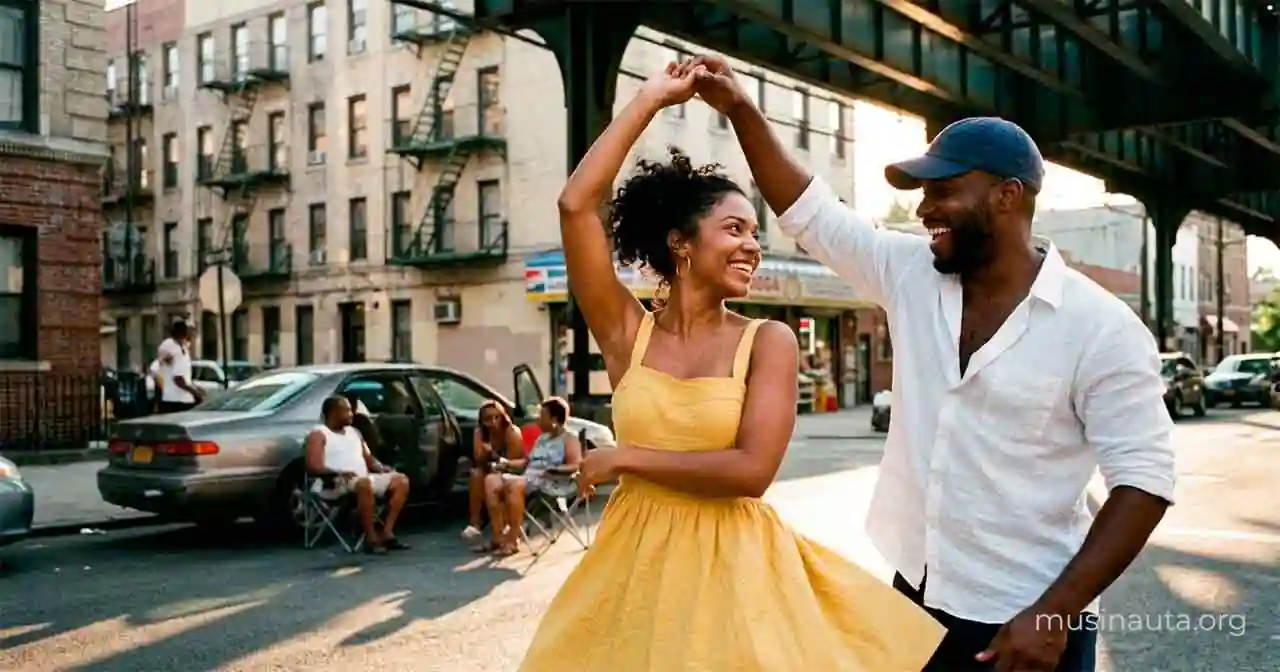 Pareja baila bachata en una calle del Bronx bajo las vías del metro elevado, en una tarde de verano