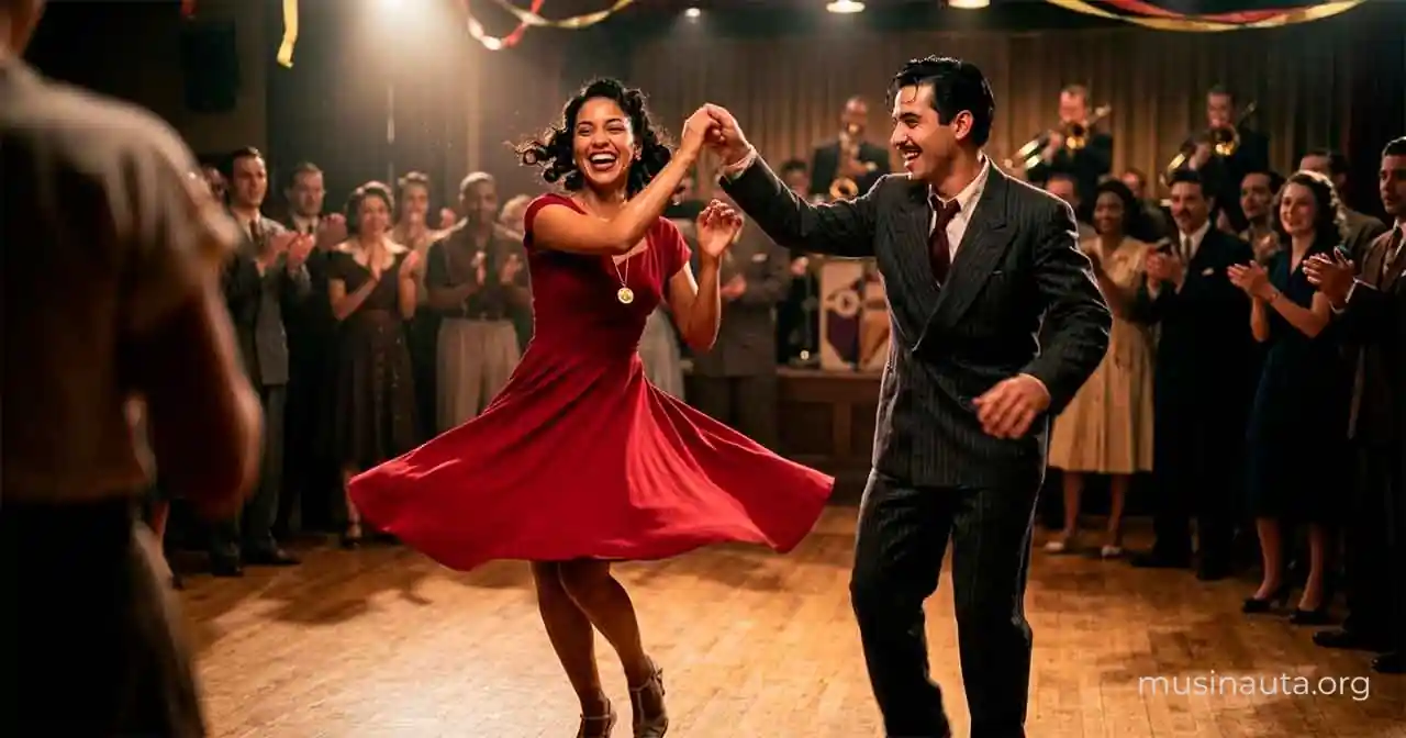 Pareja latina gira al ritmo del mambo en un salón de baile de Nueva York en los años cincuenta