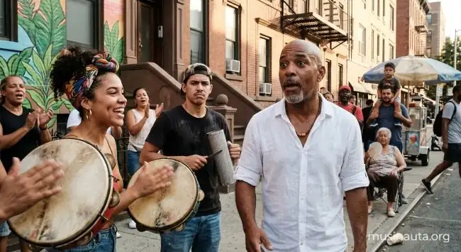 Músicos puertorriqueños tocan panderos de plena y cantan en una calle de Nueva York rodeados de vecinos