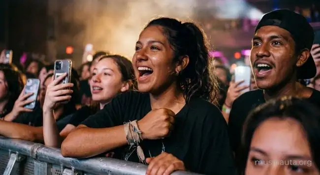 Adolescentes de origen mexicano cantan con emoción en la primera fila de un concierto de música sierreña
