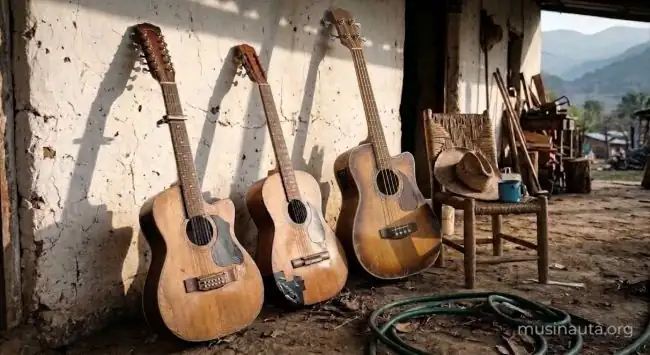 Requinto de doce cuerdas, guitarra acústica y bajoloche apoyados contra una pared de adobe en un pueblo de la sierra