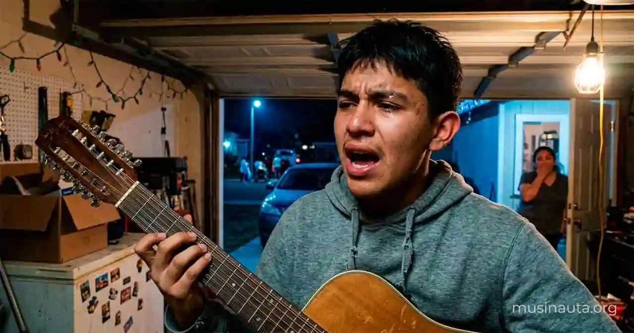 Joven músico canta con los ojos húmedos mientras toca un requinto de doce cuerdas en un garaje iluminado de noche